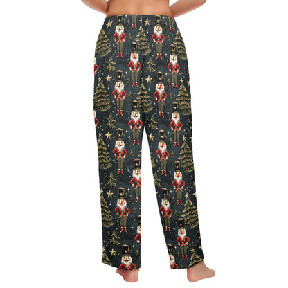 Nutcracker Christmas Trees Women Pajamas Pants, Green Xmas PJ Funny Pockets Trousers Couples Matching Ladies Female Trousers Bottoms