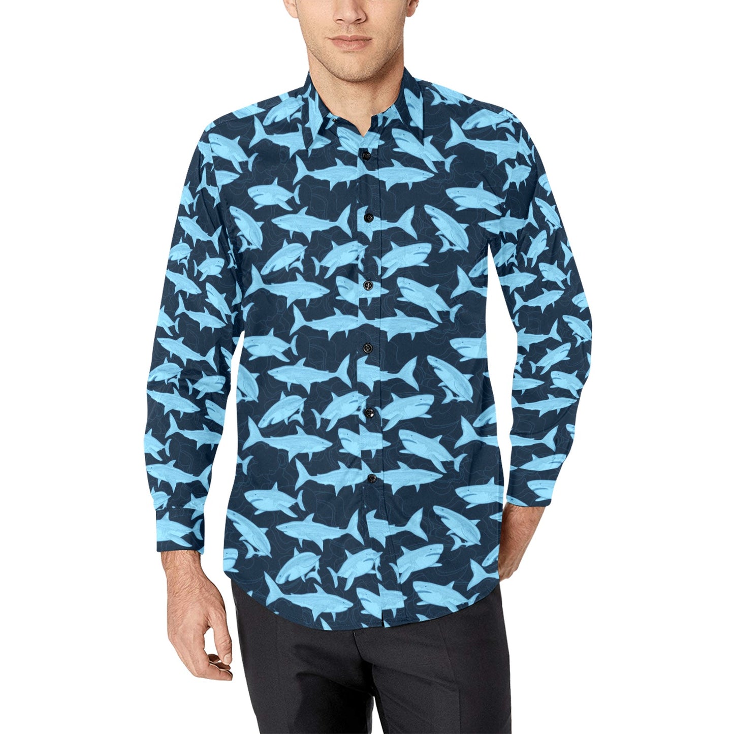 Shark Long Sleeve Men Button Up Shirt, Marine Animal Print Unique Buttoned Down Collar Business Casual Dress Shirt Male with Chest Pocket