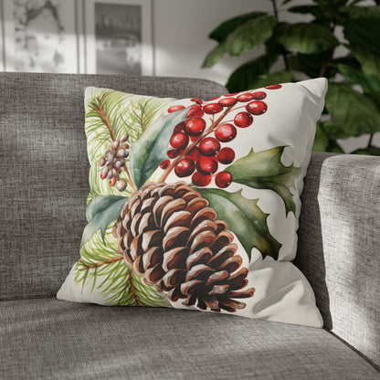 Holiday Pine Cone Pillow Cover, Red Berries Botanical Christmas Xmas Watercolor Square Throw Decorative Cover Cushion 20 x 20 Zipper Sofa
