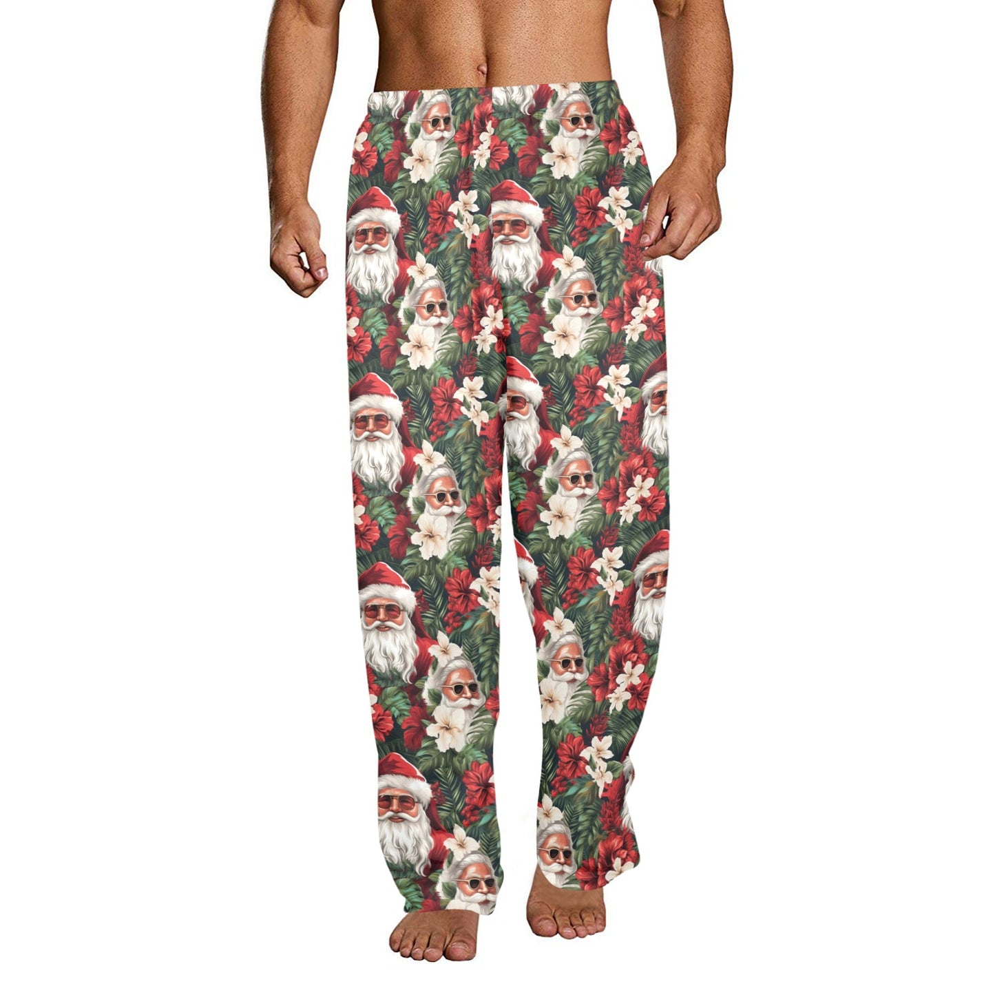 Santa Claus Men Pajamas Pants, Christmas Xmas Green Vintage Retro PJ Pockets Sleep Lounge Trousers Guys Male Plus Size Sleepwear Bottoms