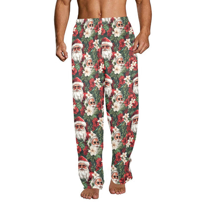 Santa Claus Men Pajamas Pants, Christmas Xmas Green Vintage Retro PJ Pockets Sleep Lounge Trousers Guys Male Plus Size Sleepwear Bottoms