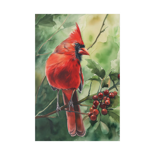 Red Carinal Bird Canvas Gallery Wrap, Watercolor Berries Wall Art Print Decor Small Large Hanging Modern Vertical Living Room