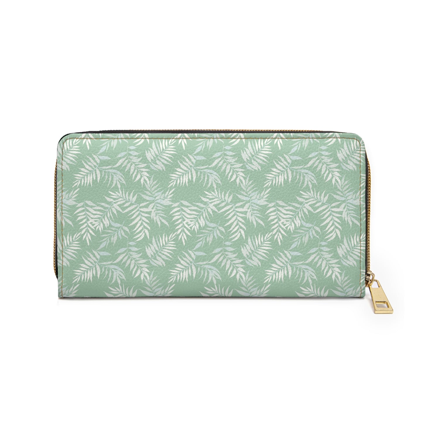 Mint Green Leather Wallet Women, Palm Tree Leaf Vegan Zipper Zip Around Coins Credit Cards Pocket Cash Ladies Female Pouch Slim Clutch Purse