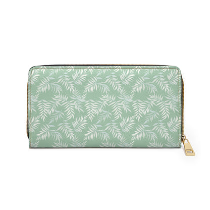 Mint Green Leather Wallet Women, Palm Tree Leaf Vegan Zipper Zip Around Coins Credit Cards Pocket Cash Ladies Female Pouch Slim Clutch Purse