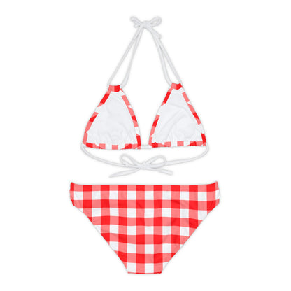 Red and White Gingham Bikini Set, Check Checkered High Waisted Cute Cheeky Bottom String Triangle Top Sexy Swimsuits Women Swimwear