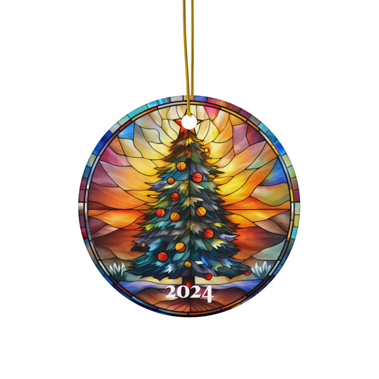 Christmas Tree 2024 Ornament, Printed Vintage Retro Stained Glass Decoration Holiday Gift Idea Heirloom Keepsake Round Ceramic Xmas