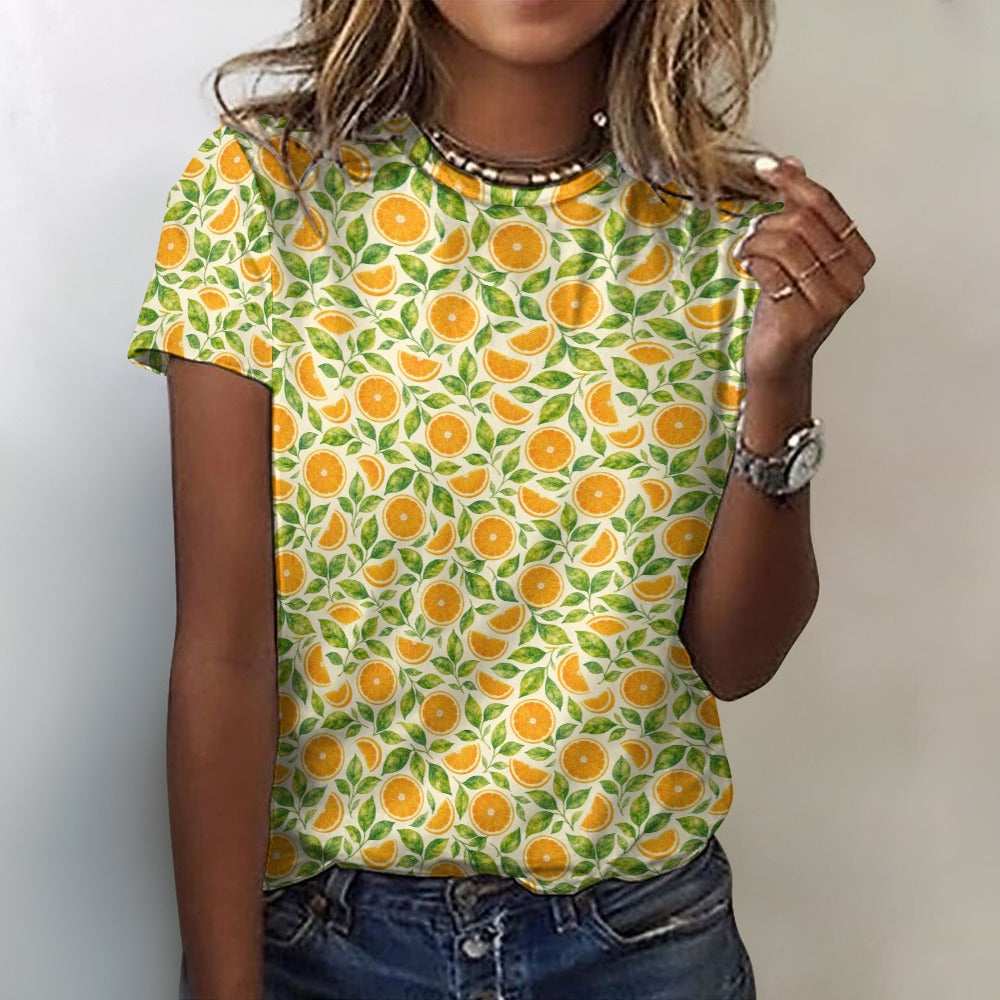 Oranges Women Cotton Tshirt, Summer Fruit Yellow Ladies Female Designer Adult Graphic Aesthetic Fashion Fitted Crewneck Tee Shirt Top - Starcove Fashion