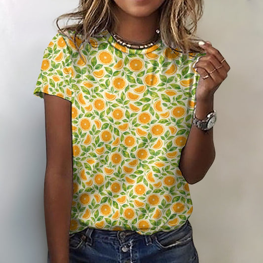 Oranges Women Cotton Tshirt, Summer Fruit Yellow Ladies Female Designer Adult Graphic Aesthetic Fashion Fitted Crewneck Tee Shirt Top