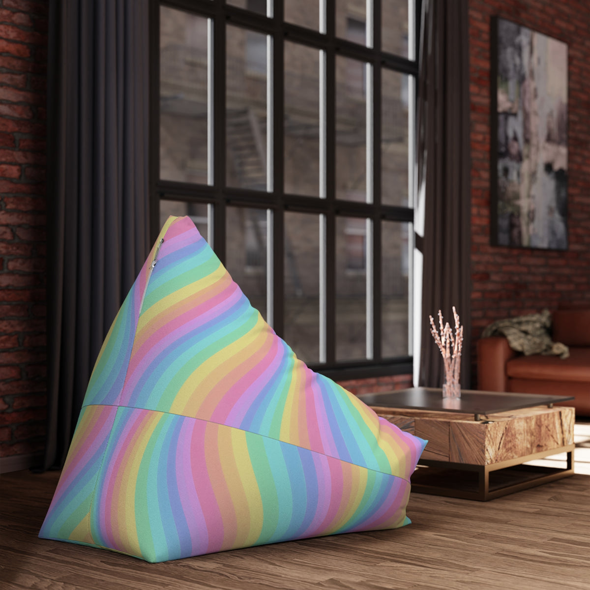 Rainbow Bean Bag Chair Cover, Pastel Wavy Stripes Washable Triangle Furniture Small Large Adult Children Kids Playroom Apartment Dorm Decor