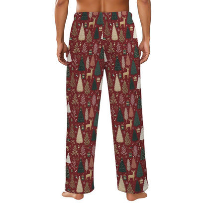 Red Christmas Men Flannel Pajamas Pants, Reindeer Green Trees Snow PJ Sleep Trousers Sleepwear Guys Male Adult Long Lounge Trousers Bottoms