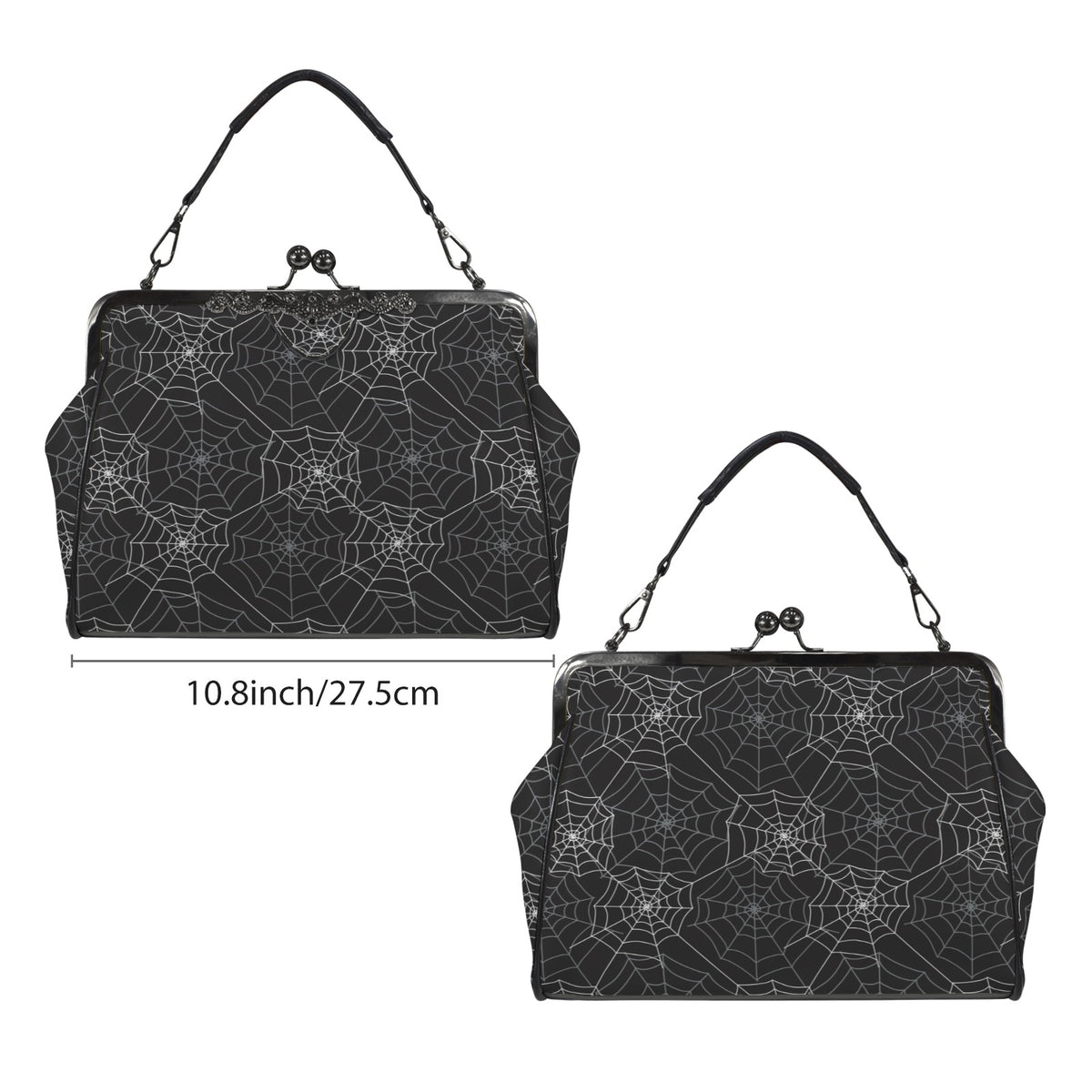 Spiderweb Kiss Lock Purse Handbag, Black Witchy Gothic Dark Print Vegan Leather Vintage Designer Shoulder Crossbody Top Handle Clasp Bag
