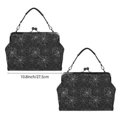 Spiderweb Kiss Lock Purse Handbag, Black Witchy Gothic Dark Print Vegan Leather Vintage Designer Shoulder Crossbody Top Handle Clasp Bag