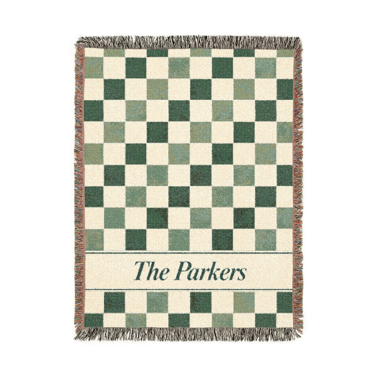 Custom Checkered Couples Woven Blanket Tapestry, Green Sage Throw Family Name Personalized Wedding Anniversary Engagement Cotton Small Large