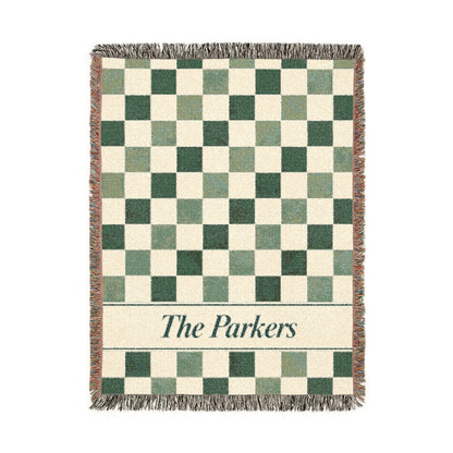 Custom Checkered Couples Woven Blanket Tapestry, Green Sage Throw Family Name Personalized Wedding Anniversary Engagement Cotton Small Large