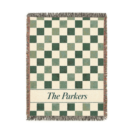 Custom Checkered Couples Woven Blanket Tapestry, Green Sage Throw Family Name Personalized Wedding Anniversary Engagement Cotton Small Large