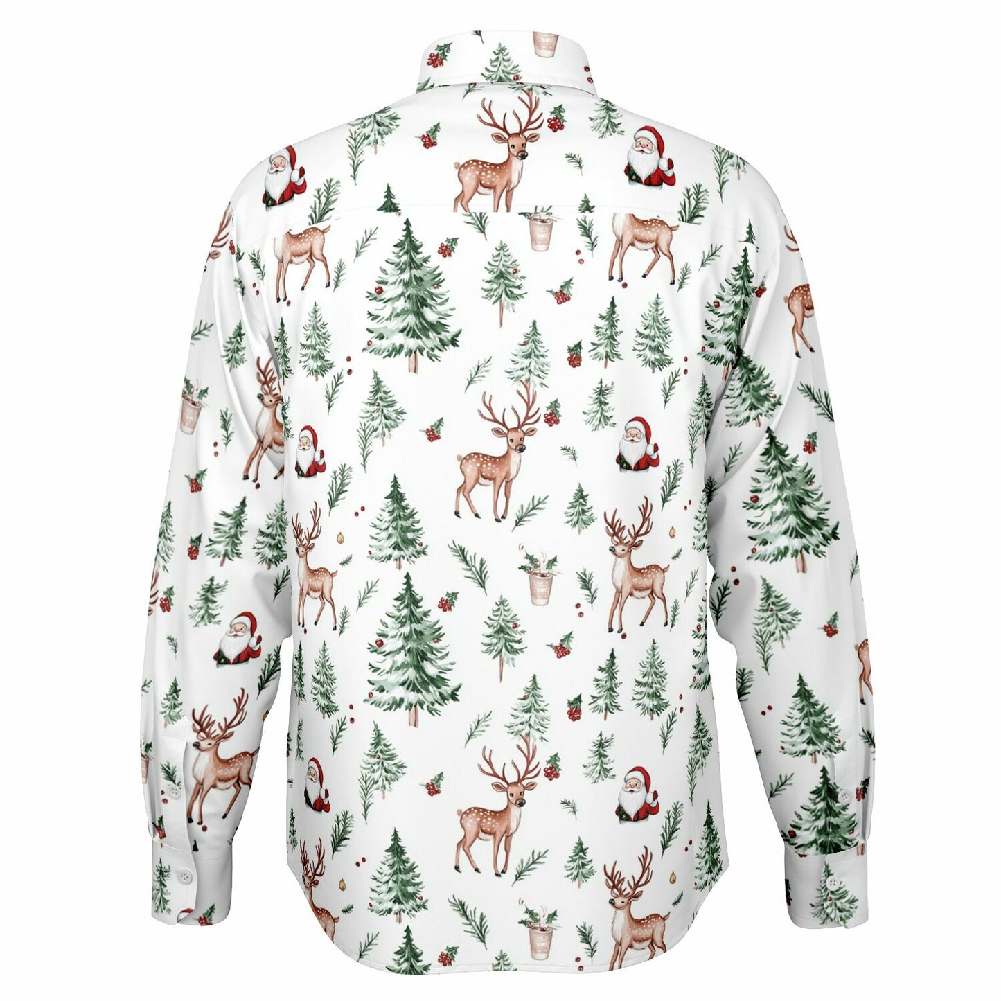 White Christmas Long Sleeve Men Button Up Shirt, Santa Claus Xmas Trees Guys Male Print Buttoned Down Collared Casual Dress Plus Size Shirt
