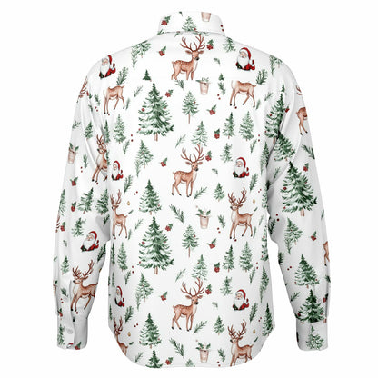 White Christmas Long Sleeve Men Button Up Shirt, Santa Claus Xmas Trees Guys Male Print Buttoned Down Collared Casual Dress Plus Size Shirt