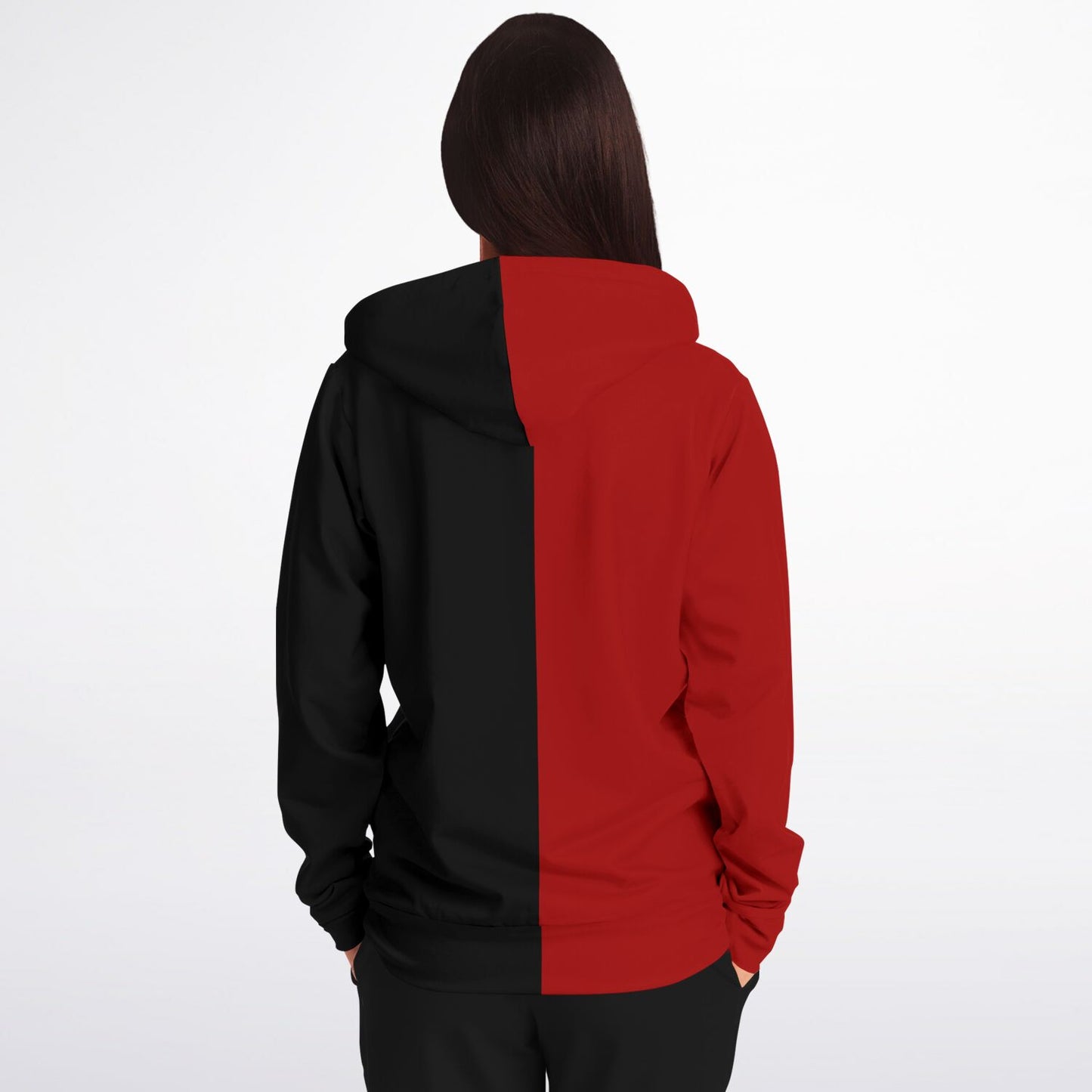 Half Black Half Red Zip Up Hoodie, Two Tone Color Split Full Zipper Pocket Men Women Unisex Adult Graphic Cotton Fleece Hooded Sweatshirt
