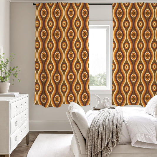 70s Retro Window Curtain, Orange Brown Vintage Kitchen Living Room Bedroom Bathroom Fabric Rod Pocket Decor Housewarming Home 63 Inch