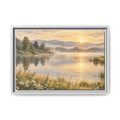 Misty Meadow Lake Wood Framed Canvas, Wildflower Farmhouse Wall Art Print Artwork Decor Small Large Hanging Matte Landscape Square Poster