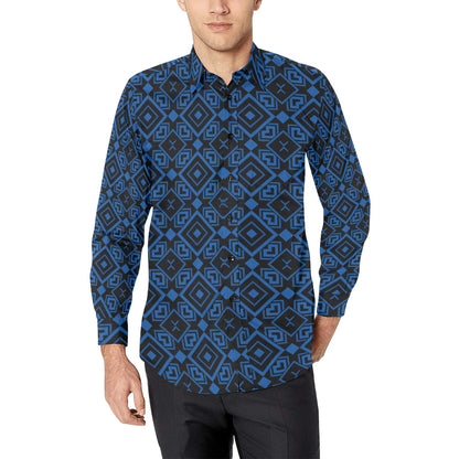 Black Blue Geometric Long Sleeve Men Button Up Shirt, Abstract Modern Print Casual Buttoned Collared Designer Dress Shirt Chest Pocket