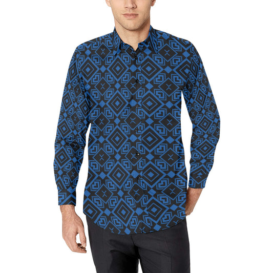 Black Blue Geometric Long Sleeve Men Button Up Shirt, Abstract Modern Print Casual Buttoned Collared Designer Dress Shirt Chest Pocket