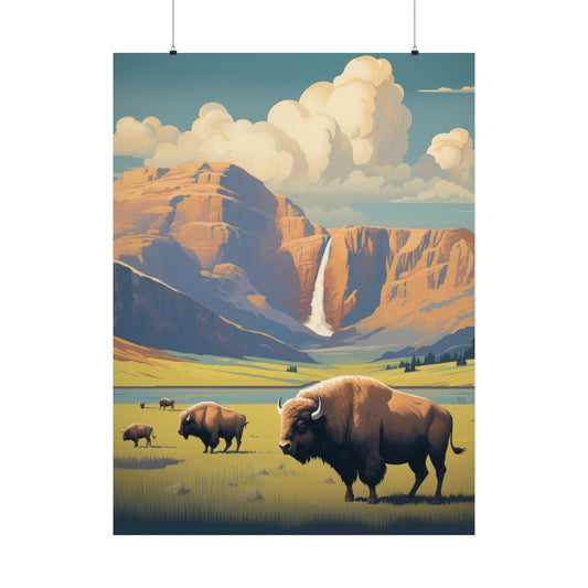 Yellowstone Bisons Poster, Park Nature Mountains Retro Vintage Print Picture Wall Art Vertical Travel Artwork Small Large Decor Paper