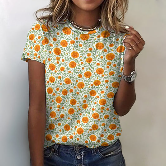 Marigold Flower Women Cotton Tshirt, Orange Floral Ladies Female Designer Adult Graphic Aesthetic Fashion Fitted Crewneck Tee Shirt Top
