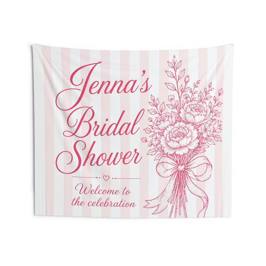 Custom Bridal Shower Tapestry, Personalized Bride to Be Pink Welcome Backdrop Floral Wall Art Hanging Landscape Large Small Decor Banner