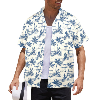 Dirt Bike Men Hawaiian shirt, Motocross Palm Trees Motorcycle Beach Blue Cream Vintage Aloha Hawaii Retro Tropical Plus Size Guys Button