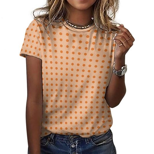 Orange Polka Dots Women Cotton Tshirt, Peach Ladies Female Designer Adult Graphic Aesthetic Fashion Fitted Crewneck Tee Shirt Top
