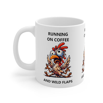 Running on Coffee Mug, Funny Chicken Art Ceramic Cup Tea Office Boss Coworker Friend Unique Microwave Safe Novelty Cool Gift
