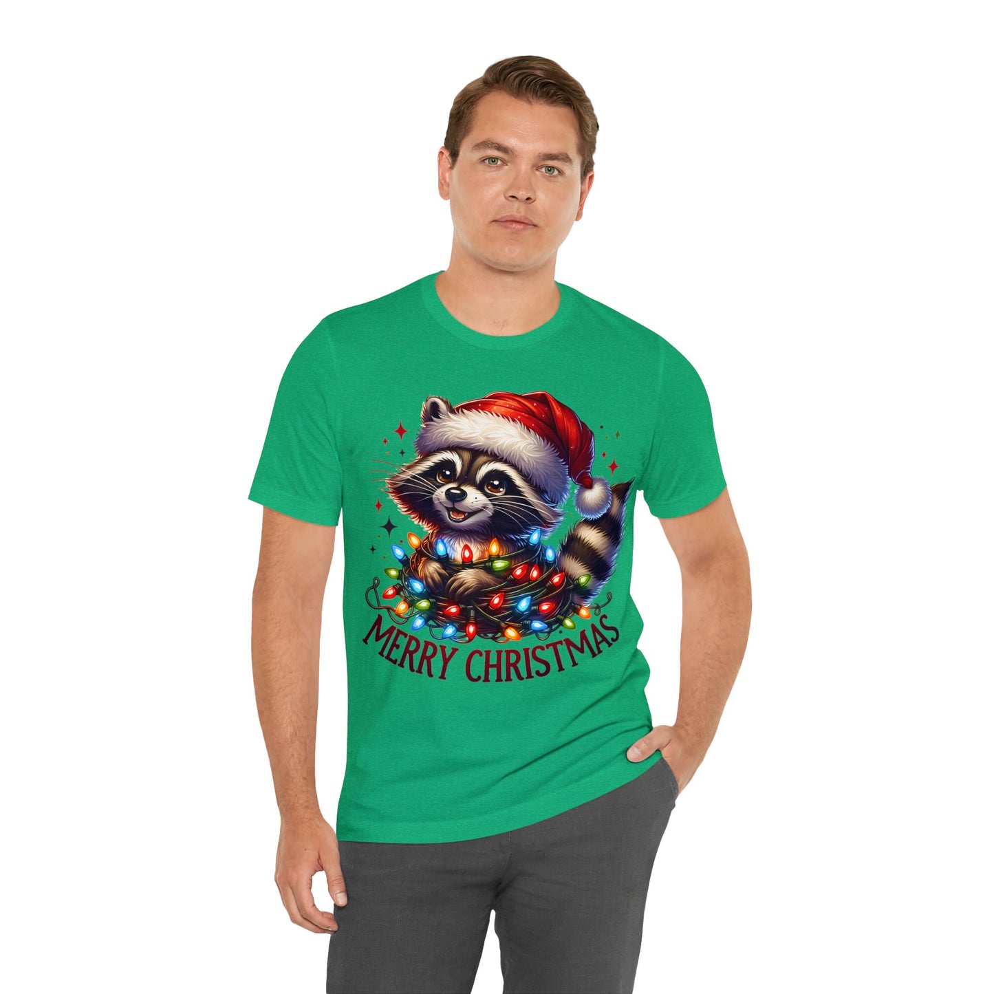 Raccoon Christmas TShirt, Xmas Funny Animal with Santa Hat Christmas Lights Shirt Merry Christmas Tee Happy Holidays Men Women Family