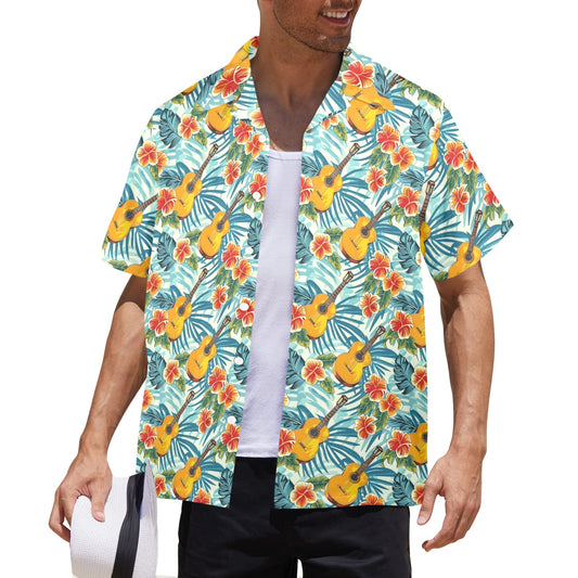 Guitar Men Hawaiian shirt, Music Band Floral Flowers Beach Green Vintage Aloha Hawaii Retro Tropical Plus Size Pocket Guys Button Down