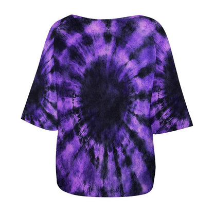 Black Purple Tie Dye Off the Shoulder Top Tshirt, Spiral Dark Retro Women Ladies Half Sleeve Shirt Blouse Loose Relaxed Fit Festival Casual - Starcove Fashion