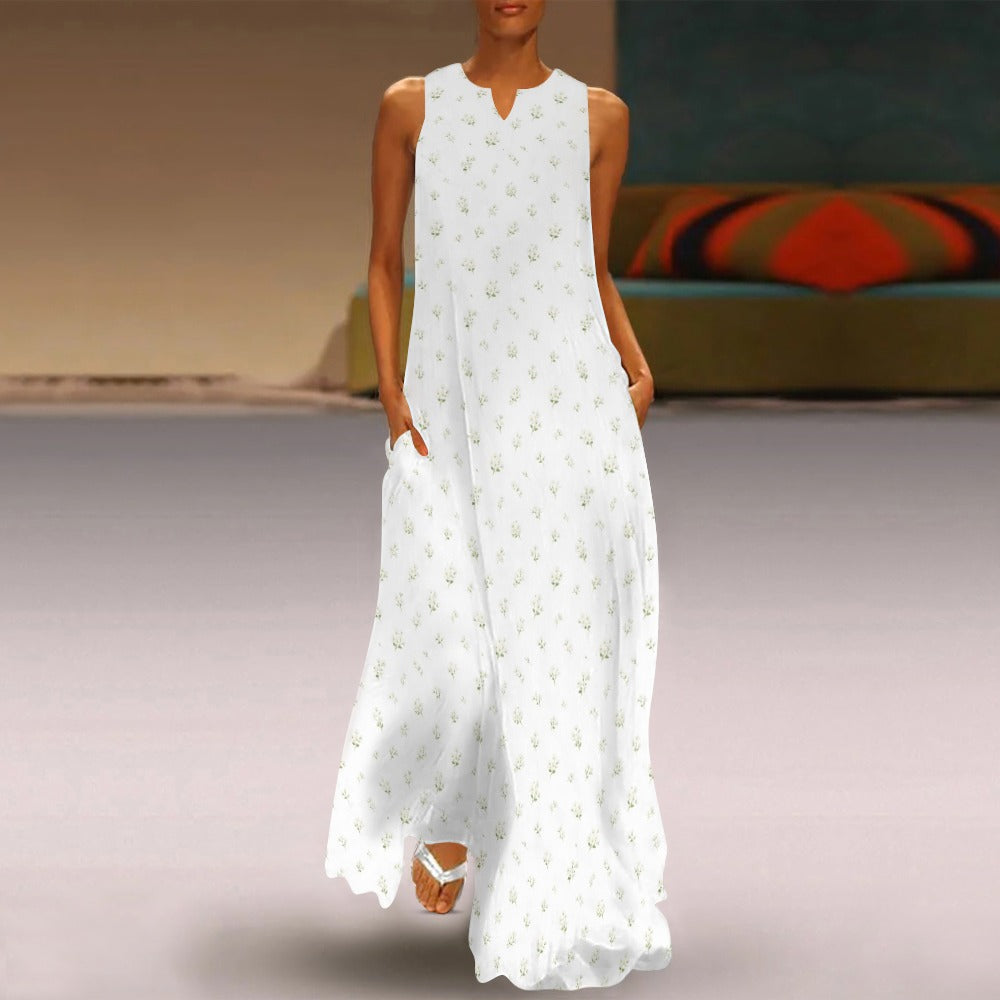 White Floral Maxi Sleeveless Dress, Flowers Party Handmade A Line Women Ladies Cocktail Pockets Long Plus Size Summer Wedding Sundress - Starcove Fashion