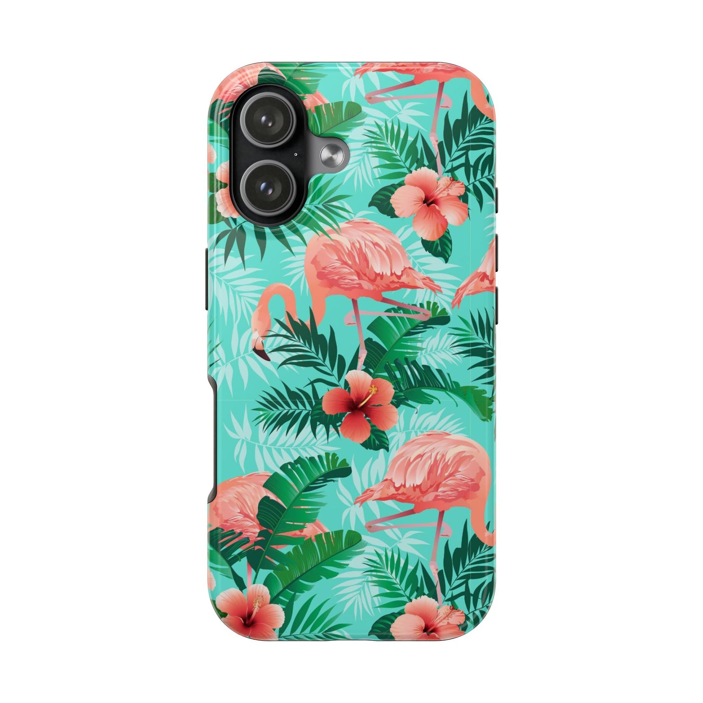 Pink Flamingo iPhone 17 16 15 14 13 12 11 Pro Max Case, Green Tropical Leaf Monstera Print Cute Gift XS XR X 7 Plus 8 Tough Cell Phone - Starcove Fashion