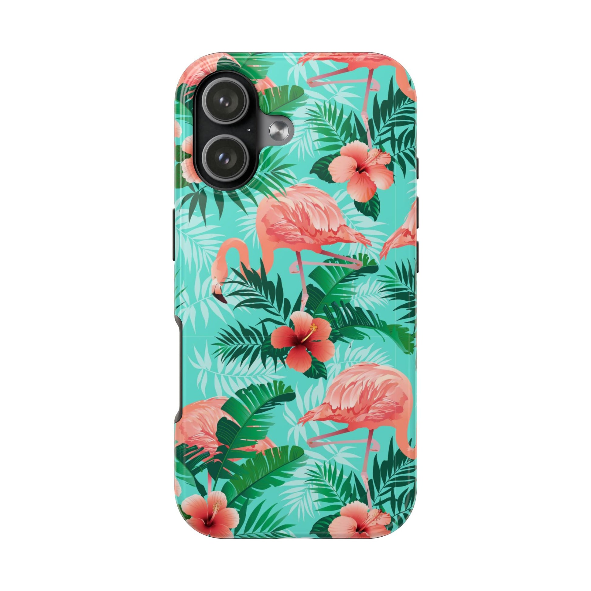 Pink Flamingo iPhone 17 16 15 14 13 12 11 Pro Max Case, Green Tropical Leaf Monstera Print Cute Gift XS XR X 7 Plus 8 Tough Cell Phone - Starcove Fashion