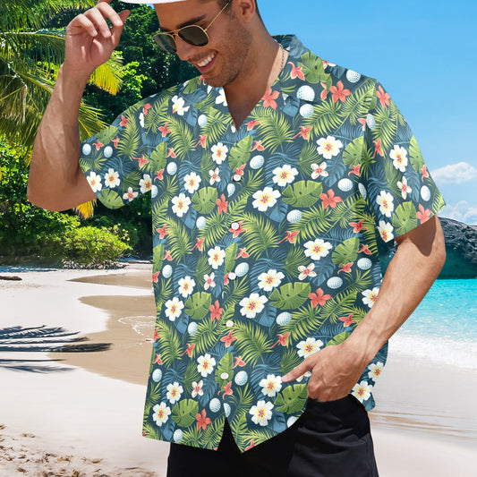 Golf Men Hawaiian shirt, Ball Floral Flowers Beach Green Leaves Vintage Aloha Hawaii Retro Tropical Plus Size Pocket Guys Button Down