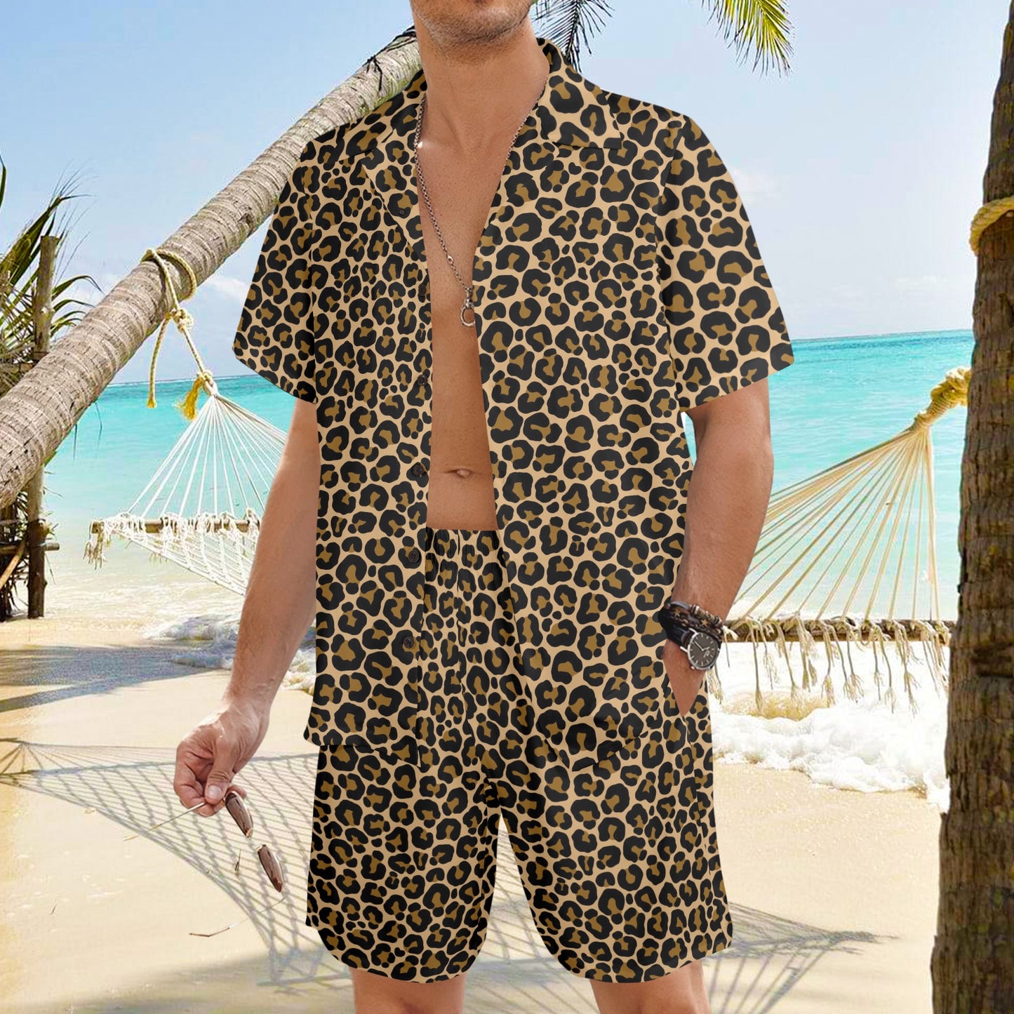 Leopard Shirt Shorts Outfit Set Men, Animal Print Cheetah Matching Hawaiian Beach Male Guys Summer Short Sleeve Button Up Down Luau