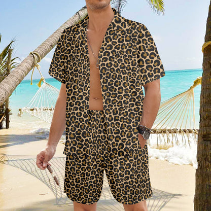 Leopard Shirt Shorts Outfit Set Men, Animal Print Cheetah Matching Hawaiian Beach Male Guys Summer Short Sleeve Button Up Down Luau