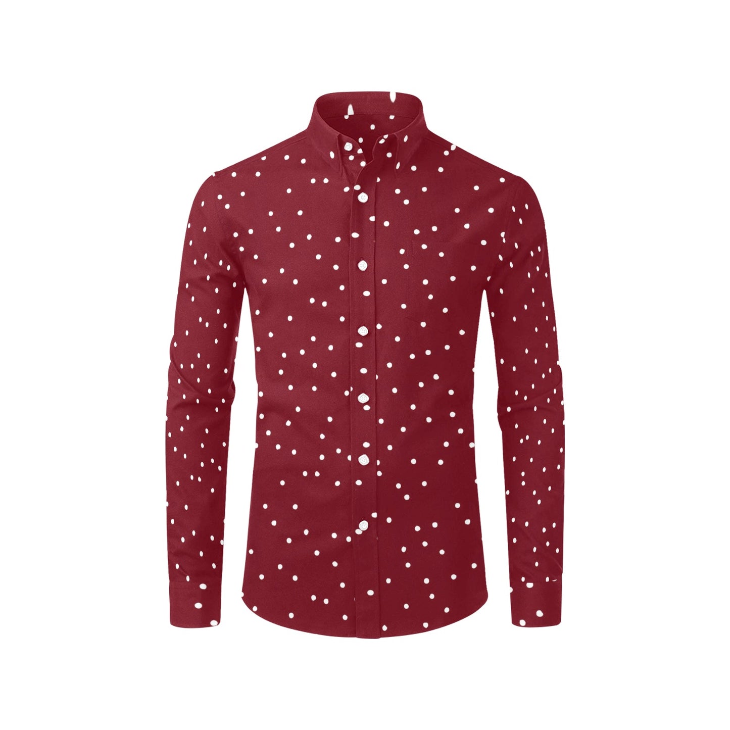 Red Long Sleeve Men Button Up Shirt, Festive White Dots Print Casual Buttoned Collared Designer Dress Shirt with Chest Pocket Guys Male