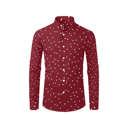 Red Long Sleeve Men Button Up Shirt, Festive White Dots Print Casual Buttoned Collared Designer Dress Shirt with Chest Pocket Guys Male