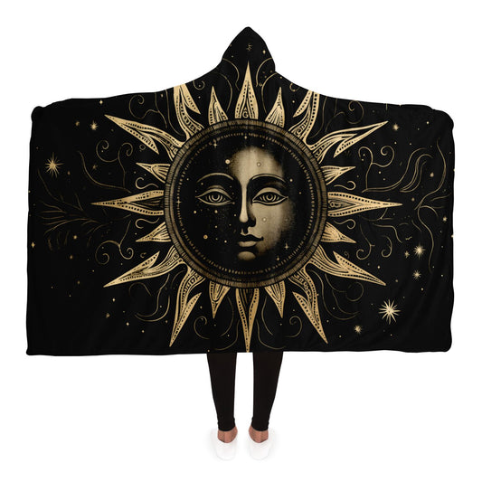Vintage Sun Stars Hooded Blanket, Black Retro Mystical Face Sherpa Fleece Soft Fluffy Cozy Warm Adult Men Women Kids Large Wearable Hood