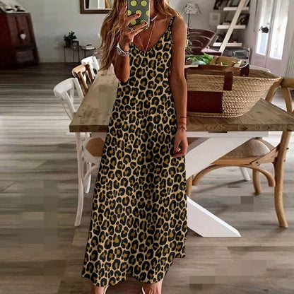 Leopard Print Maxi Dress, Brown Animal Cheetah Long Spaghetti Straps Flowy Women Sleeveless Casual Cute Designer Plus Size Cocktail Party