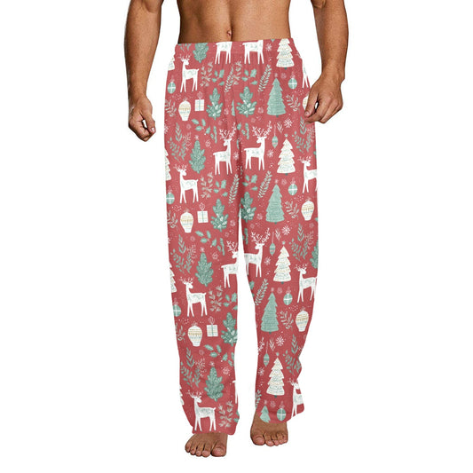 Red Christmas Men Pajamas Pants, Reindeer Green Festive Holidays Decoration Xmas PJ Pockets Sleep Trousers Couples Matching Trouser Bottoms