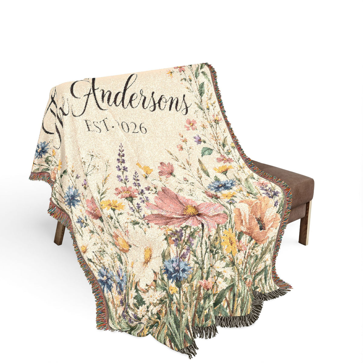 Custom Family Name Woven Blanket Tapestry, Wildflowers Throw Floral Botanical Personalized Wedding Anniversary Engagement Cotton Small Large