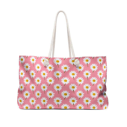 White Daisy Tote Bag with Rope Handles, Pink Floral Flowers Beach Canvas Weekender Pool Travel Summer Large Shoulder Designer Carry Bag