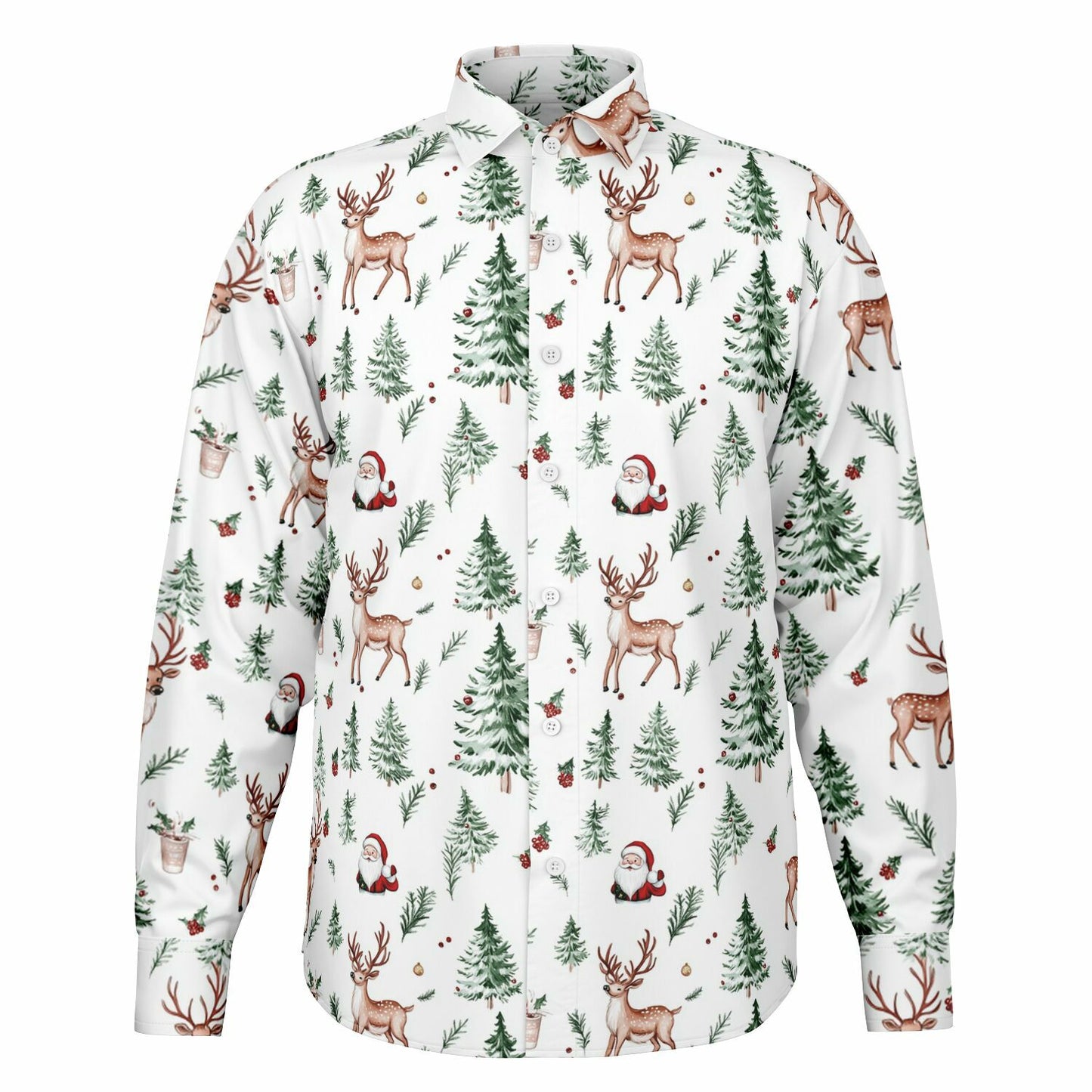 White Christmas Long Sleeve Men Button Up Shirt, Santa Claus Xmas Trees Guys Male Print Buttoned Down Collared Casual Dress Plus Size Shirt