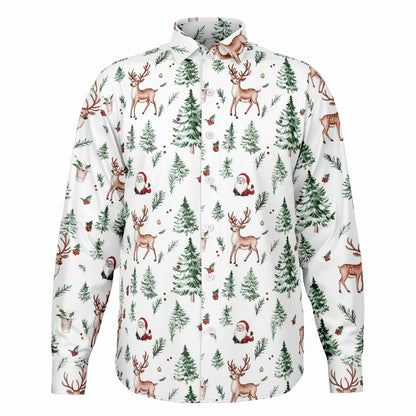 White Christmas Long Sleeve Men Button Up Shirt, Santa Claus Xmas Trees Guys Male Print Buttoned Down Collared Casual Dress Plus Size Shirt